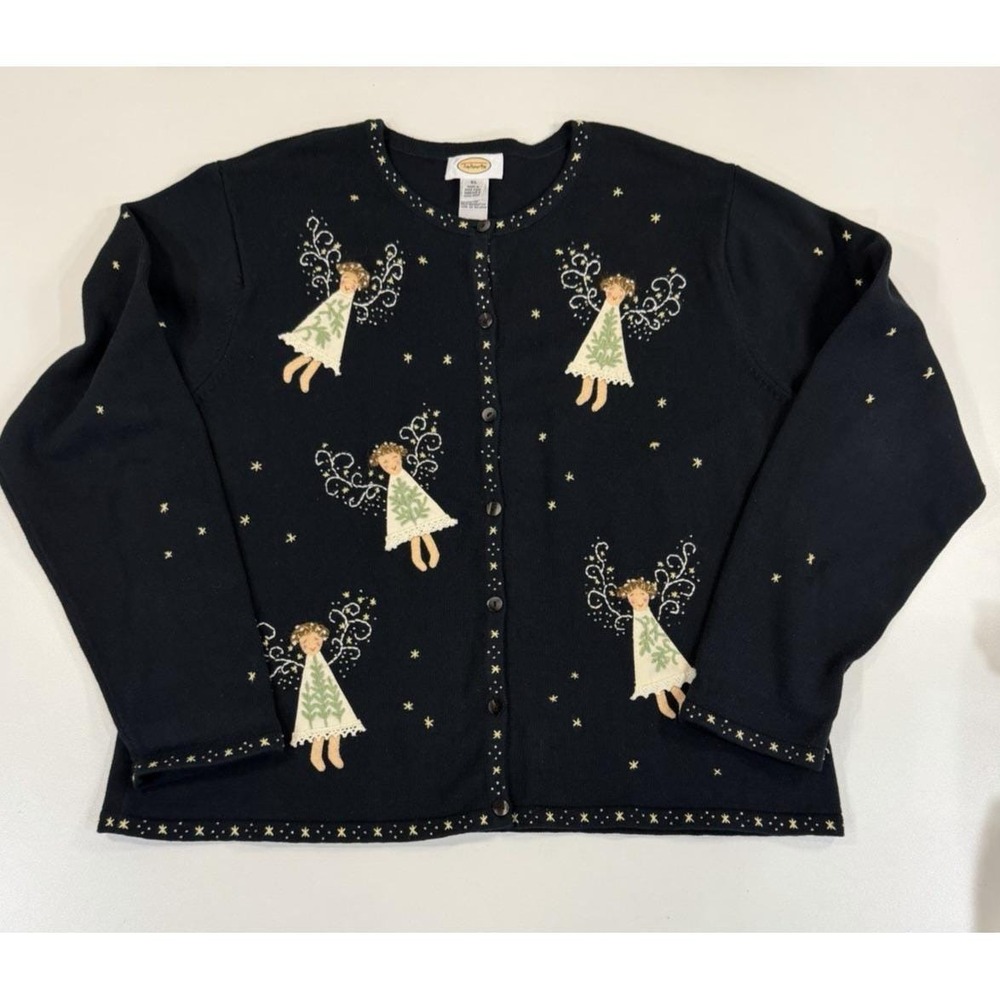 Vintage 90s Holiday Talbots Cardigan Sweater Womens XL Angel Whimsical Hong Kong